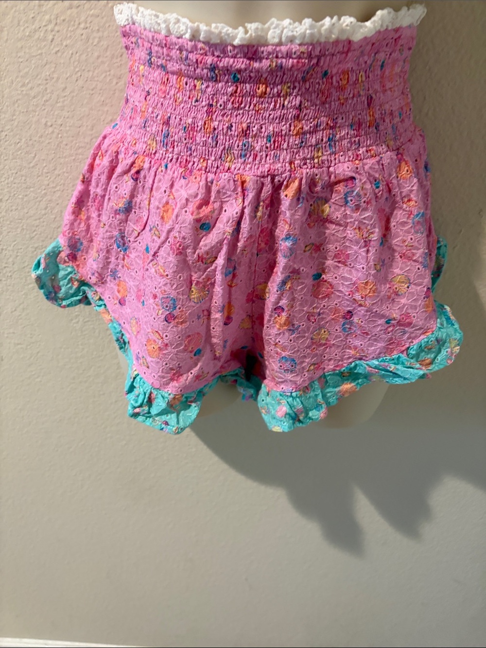 Beach Bunny Pink Floral Eyelet Shorts with Aqua Ruffle Trim